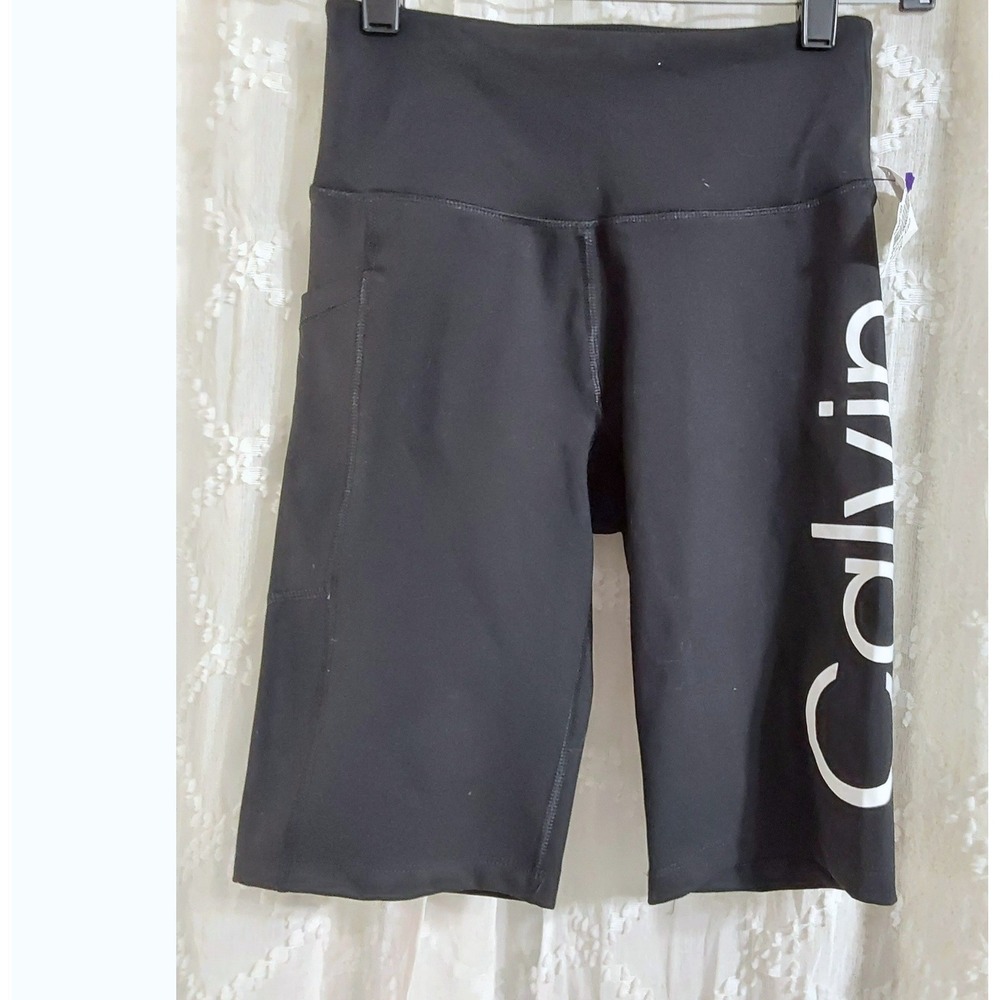 Calvin Klein Performance Womens XS Black High Waisted Logo Biker Shorts Pocket